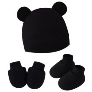 Ensemble Naissance 3 Pièces – Bonnet Oreilles d’Ours + Gants & Chaussons Anti-Griffures